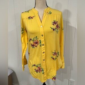 Anthropology Fig and Flower Yellow Embroidered Button-Front Women's Top